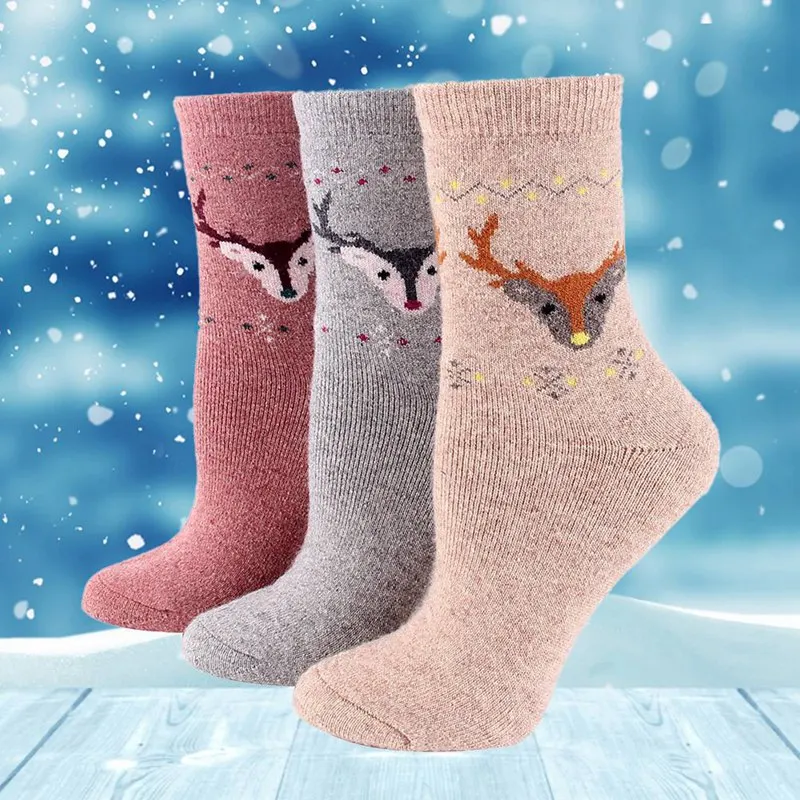 1 Pair Winter Women Socks Lovely Deer Animal Printed Wool Christmas Comfortable Gift Autumn Winter Thick Warm Breathable Sock