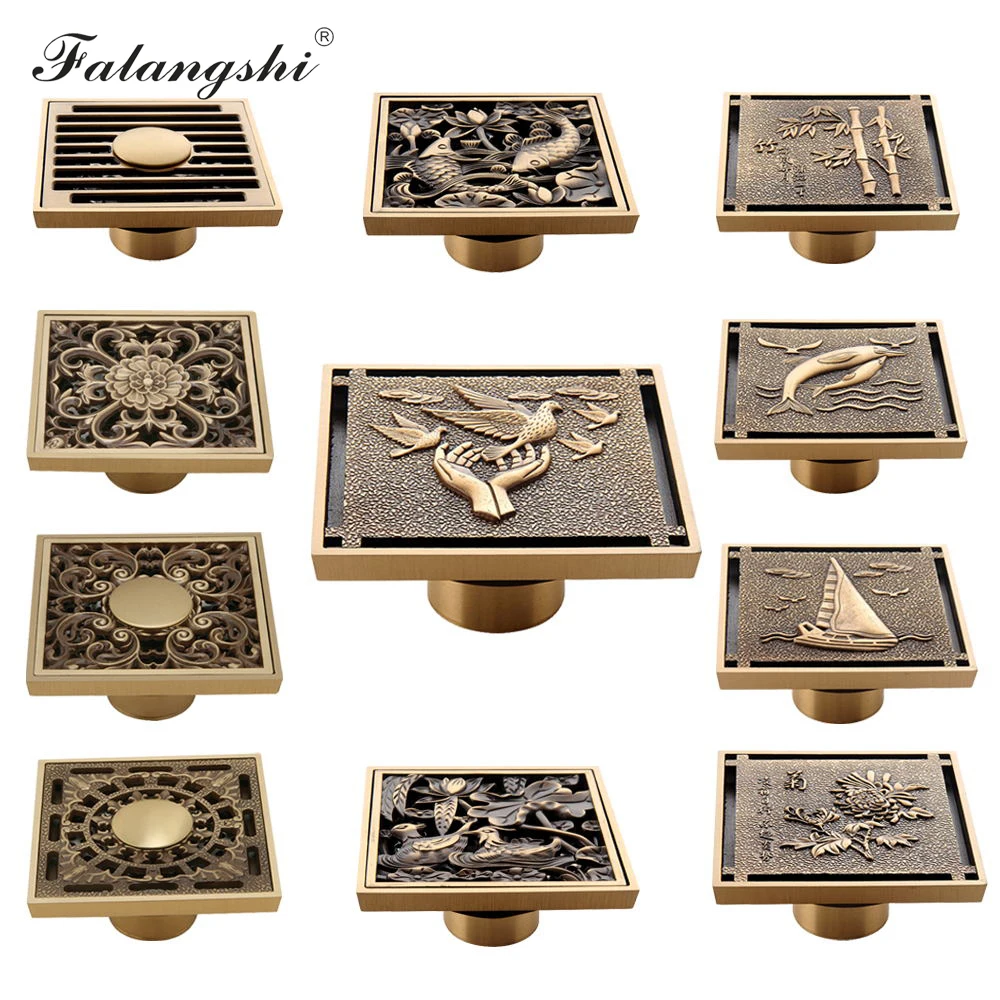 Copper Brass Floor Drains 10cm Square Flower Art Carved Toilet Drain