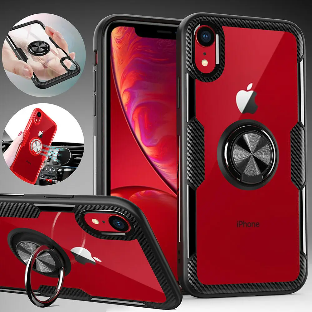 

For iPhone X XS Max XR 6 6s 7 8 Plus Shockproof Case Clear Cover with Metal Ring Phone Holder