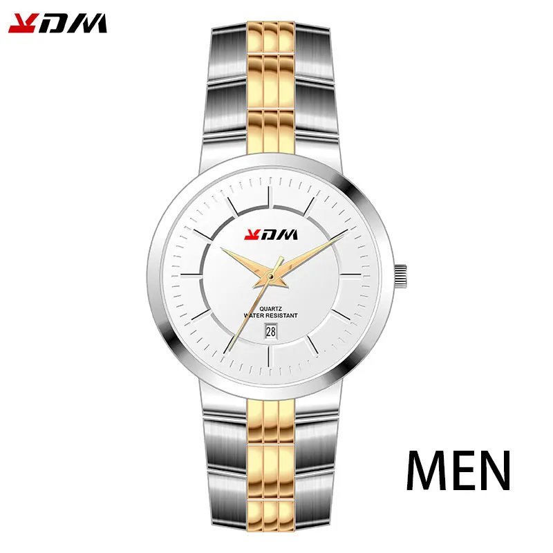 KDM часы для пар, люксовый бренд, полностью нержавеющая сталь, кварцевые часы с календарем, повседневные наручные часы для мужчин, простые модные женские часы - Цвет: S-W-SG Men