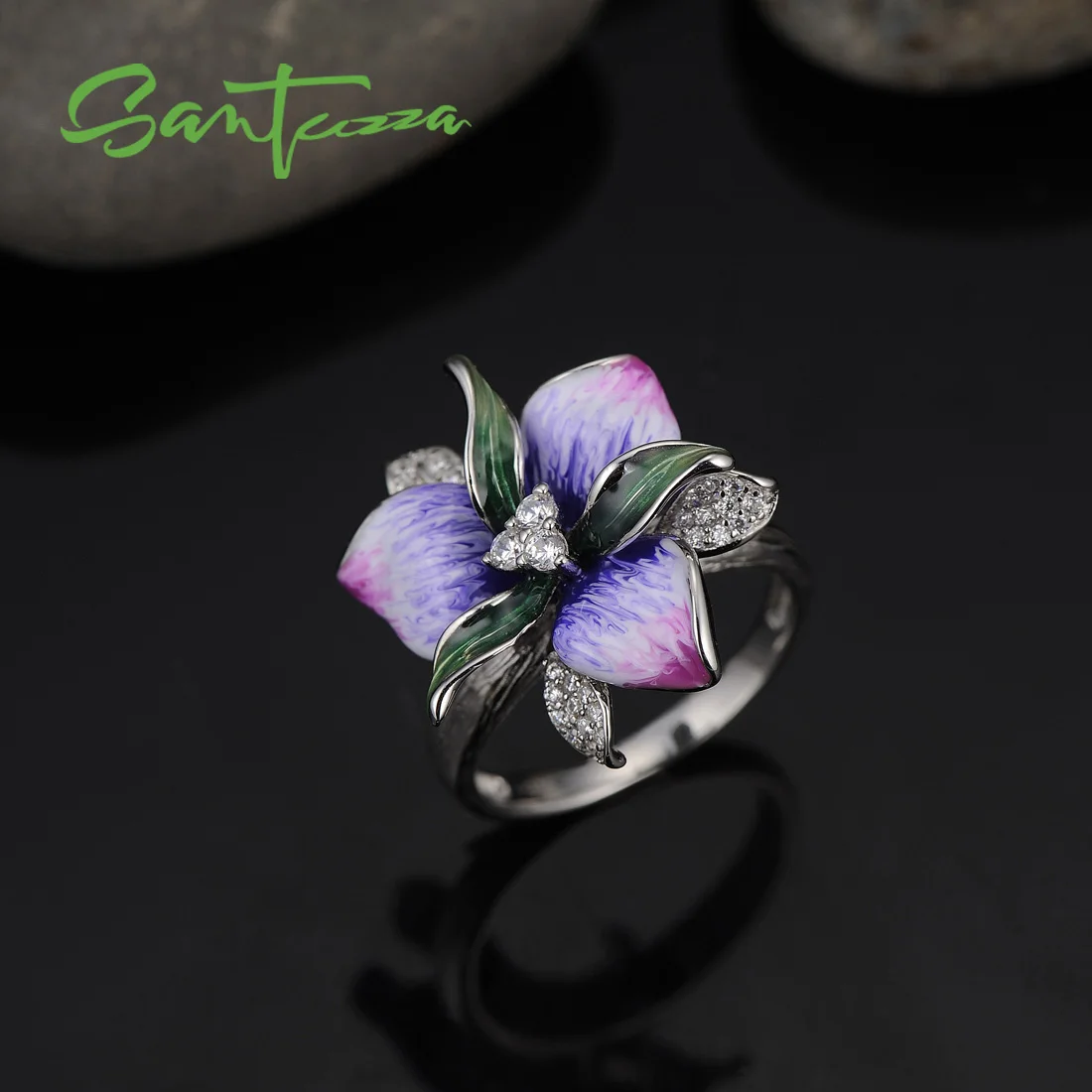 SANTUZZA серебряные кольца для женщин 925 пробы Серебряные Красочные цветок сверкающий синий нано белый кубический цирконий ювелирные украшения