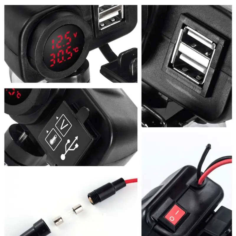 3в1 12V мотоцикл USB зарядное устройство адаптер Вольтметр термометр для мобильного телефона gps