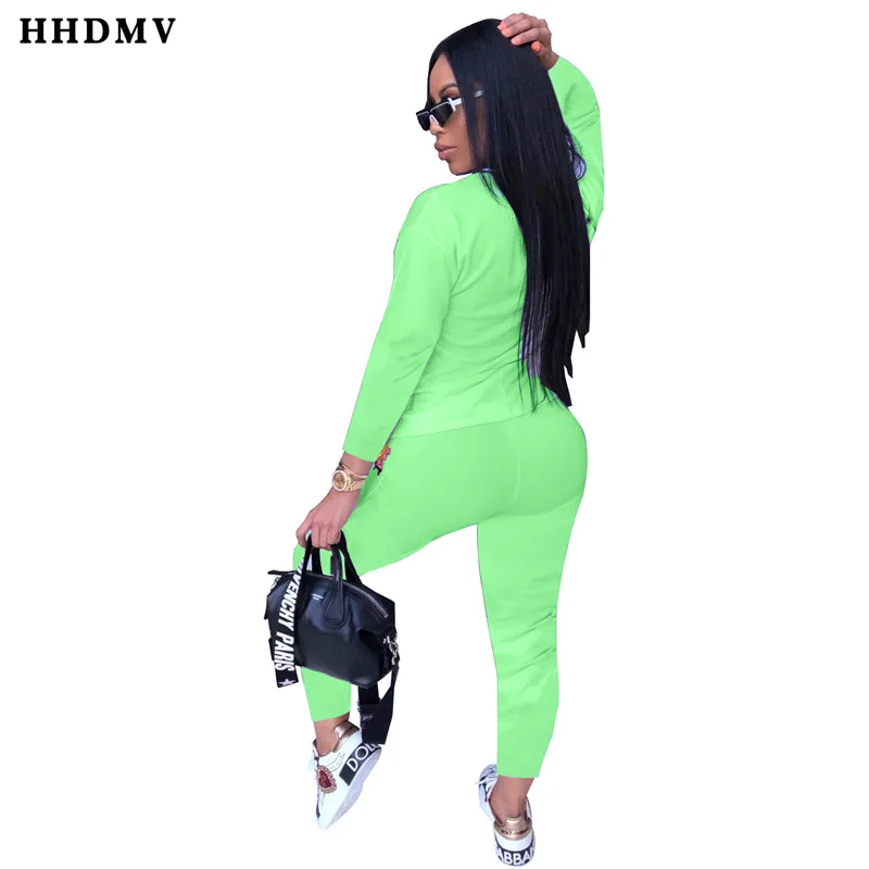 HHDMV TH3368 весенние женские повседневные комплекты с длинными рукавами, круглым вырезом, буквенным топом, эластичным принтом, длинные штаны, 4 цвета, комплекты из двух предметов