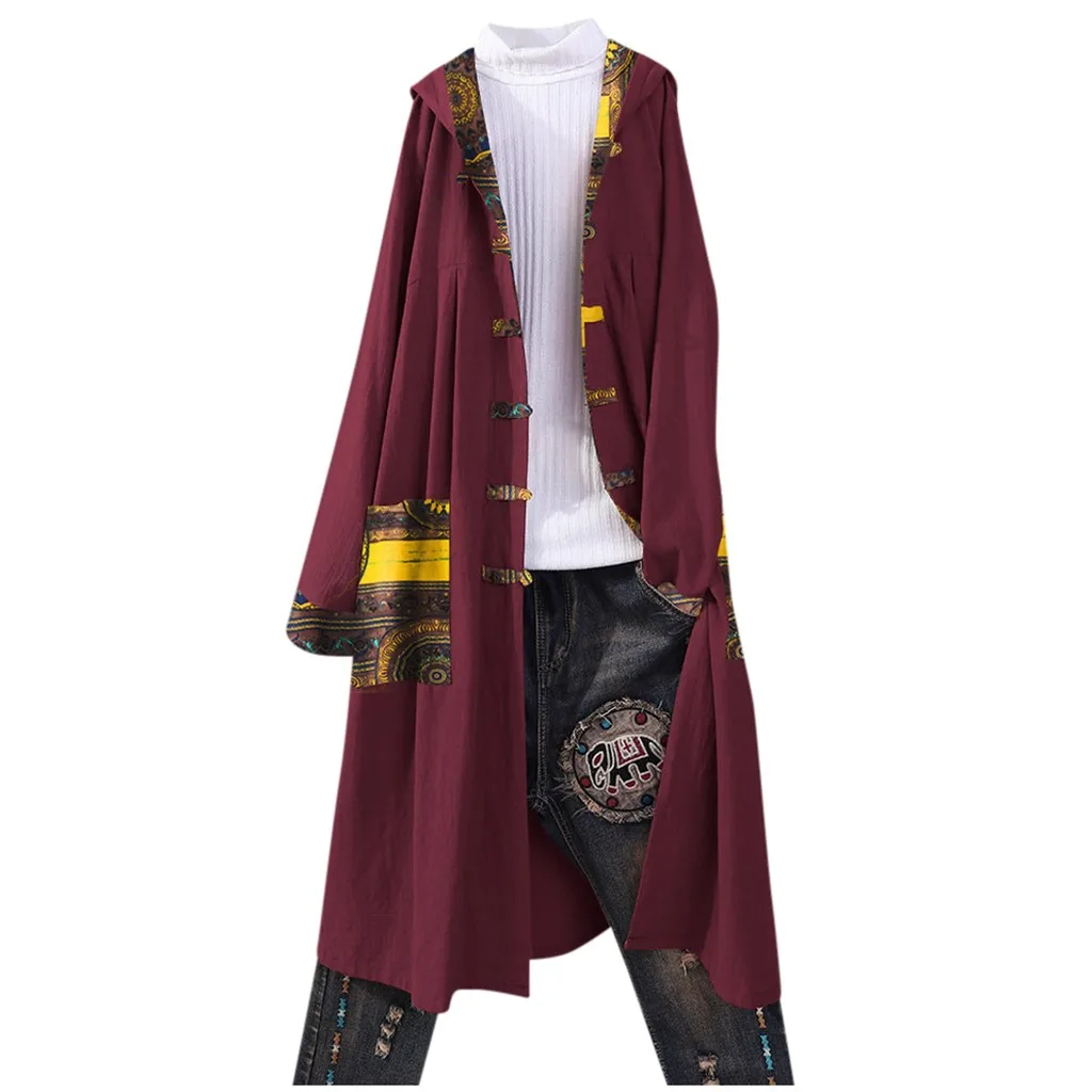 Длинный кардиган для женщин с принтом в стиле бохо на пуговицах и карманах, Свободный кардиган, лоскутное пальто с капюшоном, осенний кардиган с длинными рукавами, тренч