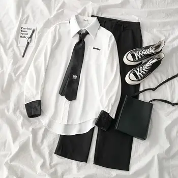 

Women Sets Patchwork Turn-down Collar Simple Oversize Shirts Solid Plus Size 5XL Loose All-match Office Lady Two Pieces Set Chic