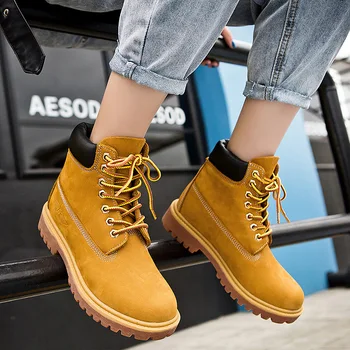 

Men Women Leather Boots Genuine Cow Leather Martin Boots Wear Resistant Non-slip Motorcycle Boots Men Shoes Yellow Snow Boots