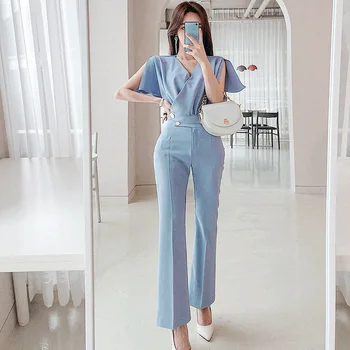 

New arrival women temperament OL two-piece set sexy short basic v-neck shirt and long pant fashion cute high quality women set