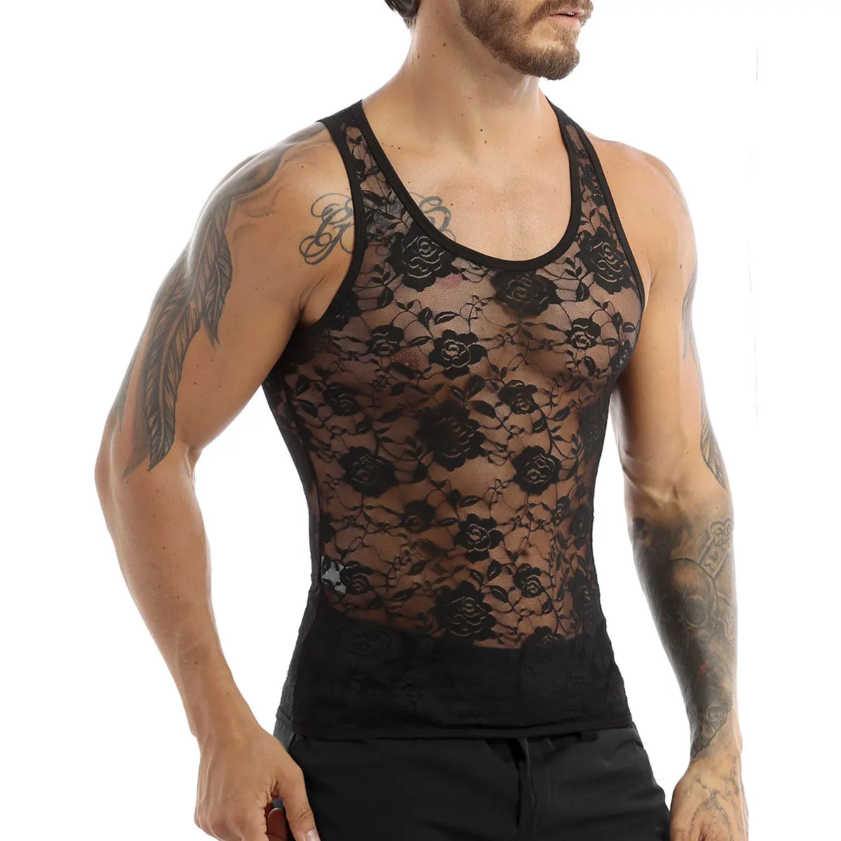 Men’s Sissy See Through Muscle Lace Sleeveless Shirts Tank Top Undershirt Vest