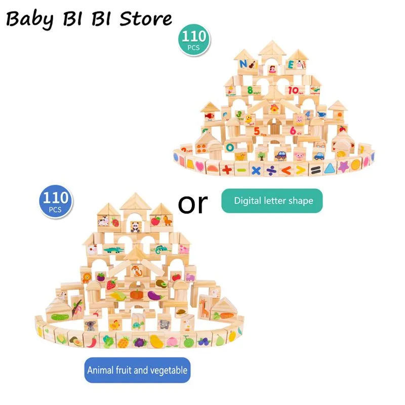 

110pcs Wooden Building Stacking Alphabet Number Fruit Animals Assembling Puzzle Kids Children Educational Toys