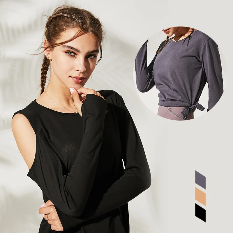 Рубашки для йоги с длинным рукавом с отверстием для большого пальца, свободные дышащие спортивные топы, одежда для фитнеса, тренировок, тренажерного зала, рубашка с завязками на талии