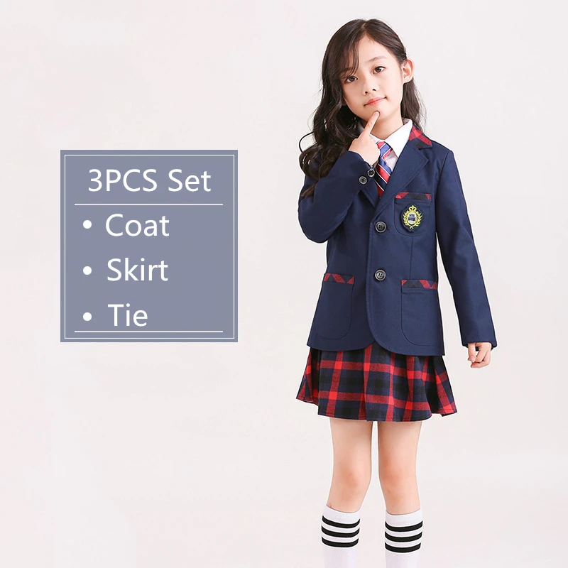 Школьная форма с коллажем в корейском британском стиле; школьная одежда для хора; комплект одежды для детей; пальто+ брюки+ галстук - Color: Girls 3PCS Set