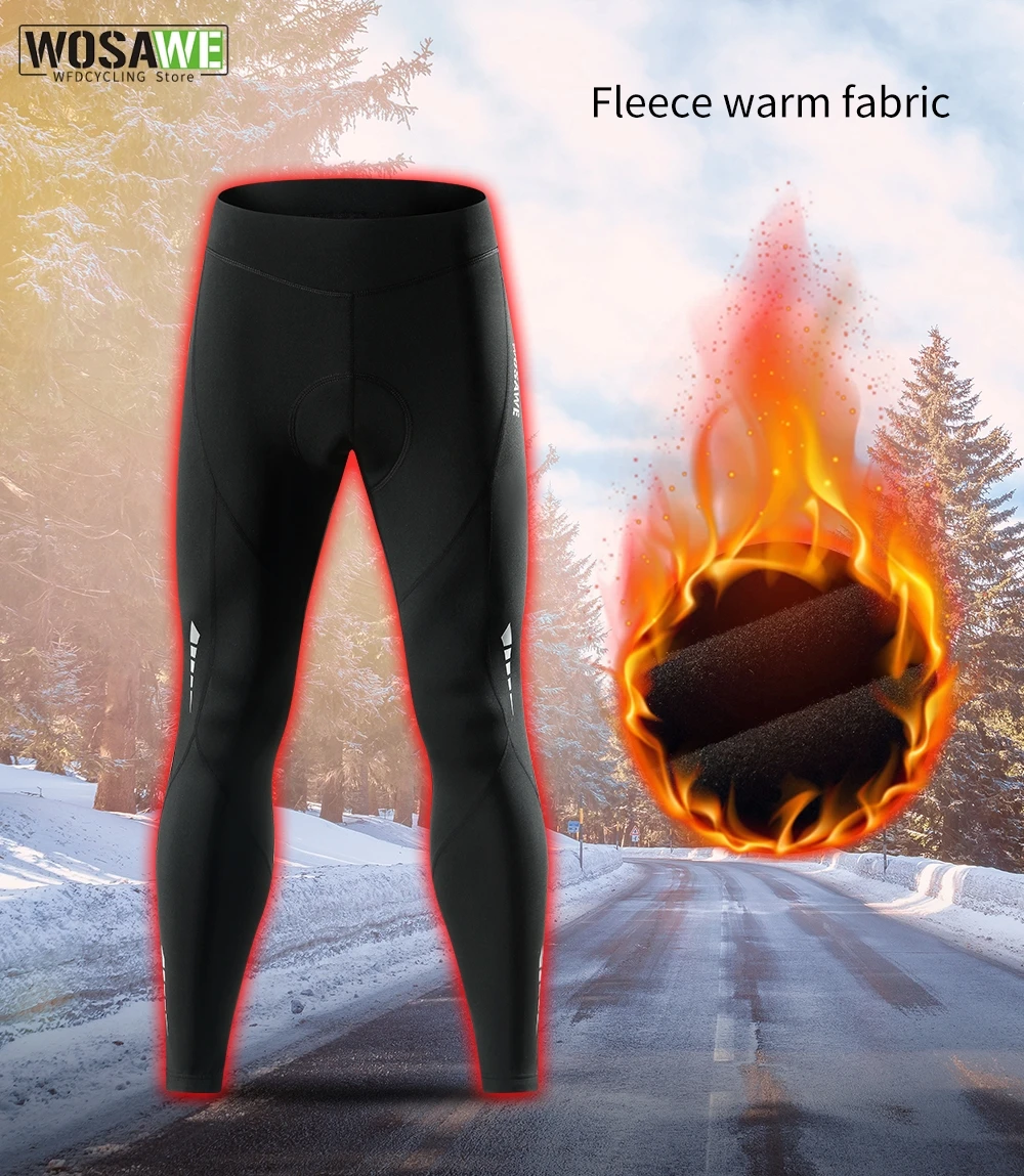 WOSAWE Cycling Pants Winter Fleece Thermal Bicycle Tights Men Cycling Pants Windproof Bike Reflective Gel Padded Long Trousers