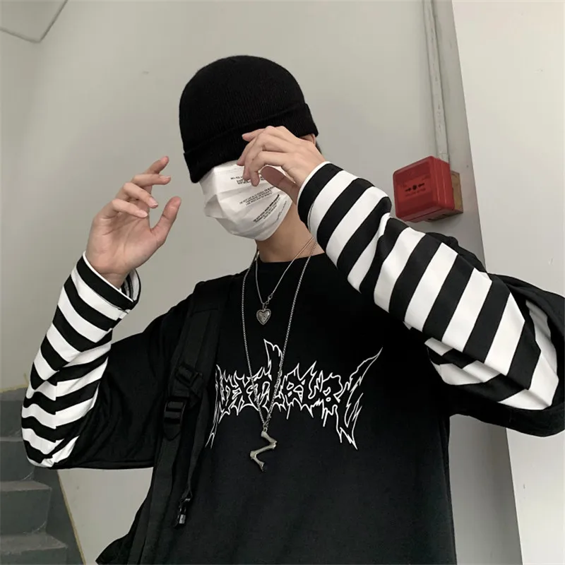 Личи Harajuku в стиле пэчворк полоску Женская футболка Поддельные 2 шт. с длинными