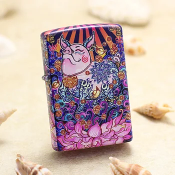 

Genuine Zippo oil lighter copper windproof Painted pig cigarette Kerosene lighters Gift With anti-counterfeiting code
