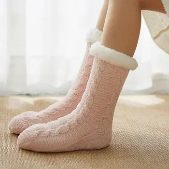 

Womens Winter Warm Fuzzy Plush Lined Slipper Socks with Grippers Super Soft Fluffy Braided Cable Knit Chenille Hosiery