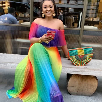 

Off The Shoulder Dashiki African Print Party Dress for Women Fashion Rainbow Pleated Chiffon Maxi Dress Beachwear Boho Sundress