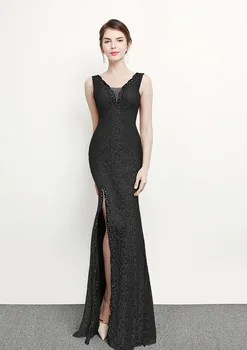 

Lace V-neck evening dress new spring and summer slim fishtail long dress banquet fashion host was thin split sexy evening dress