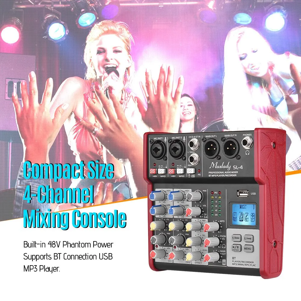 Muslady SL-4 компактный Размер 4 канала смешивания консольный микшер 2-полосным эквалайзером встроенный 48V Phantom Мощность поддерживает подключения BT USB