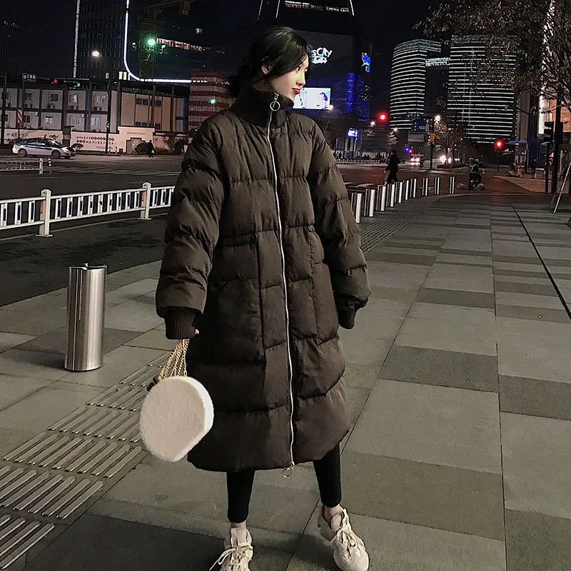 

Photo Shoot Main Push 2018 Winter New Style Korean-style Loose-Fit Stand Collar Long Zipper Dark Coffee Cotton Overcoat Women's