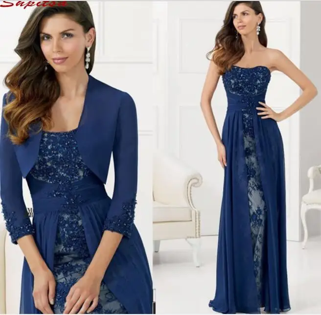 

Navy Blue Mother of the Bride Dresses for Weddings Lace With Jacket Evening Prom Groom Godmother Dresses