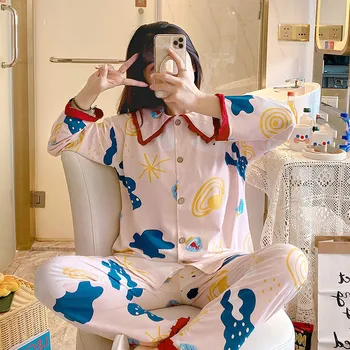 

Lazy Style 2020 WAVMIT Long Sleeve Pajamas Cotton Set 2 Pcs Set Women Sleepwear Sexy Nightwear for Women Pyjamas Set Long Pant