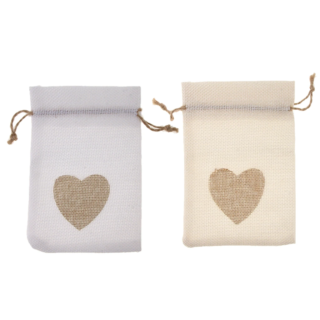 10 PCS Natural Burlap Jute Drawstring Pouches with Love Heart Print Party Wedding Favor Gift Bags - 10x15 cm / 4x6 inch