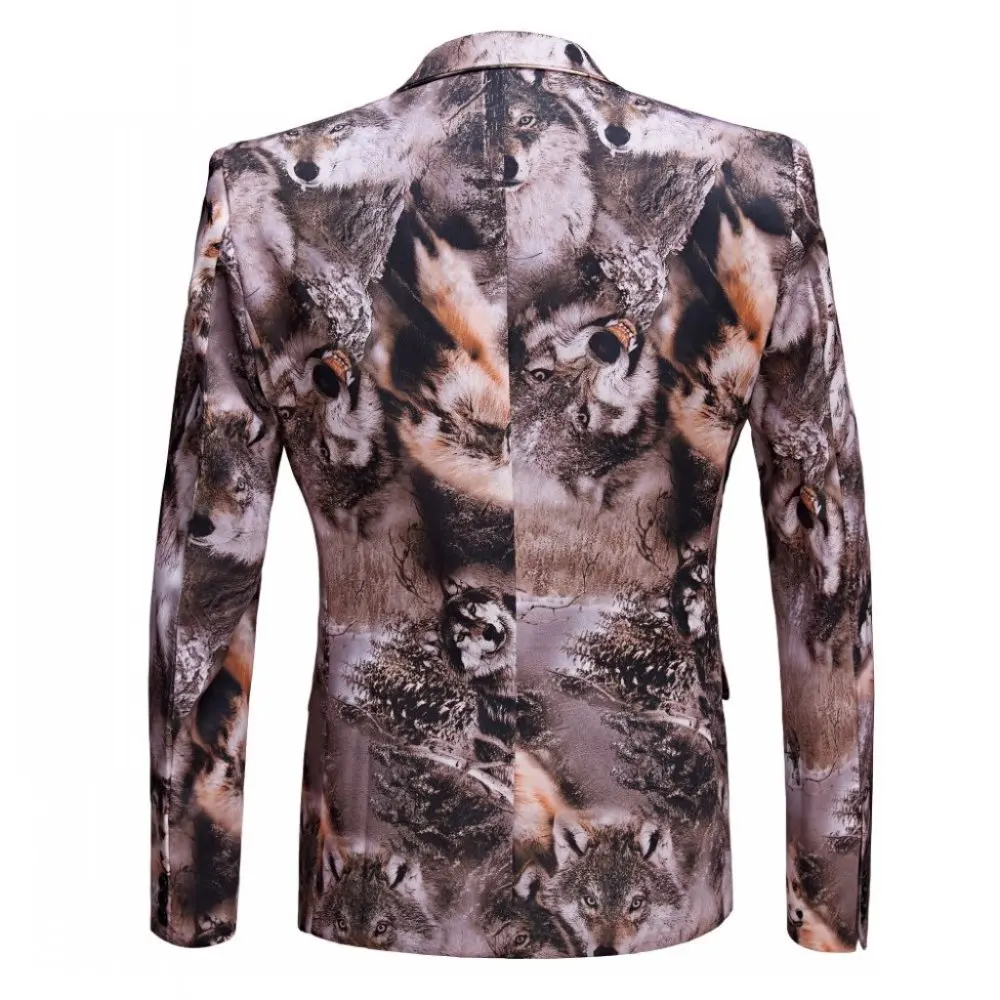 New Tide party Men Casual Blazer Print Wolves Pattern Design DJ Club Singer Costume Slim Fit Suit Jacket Coat