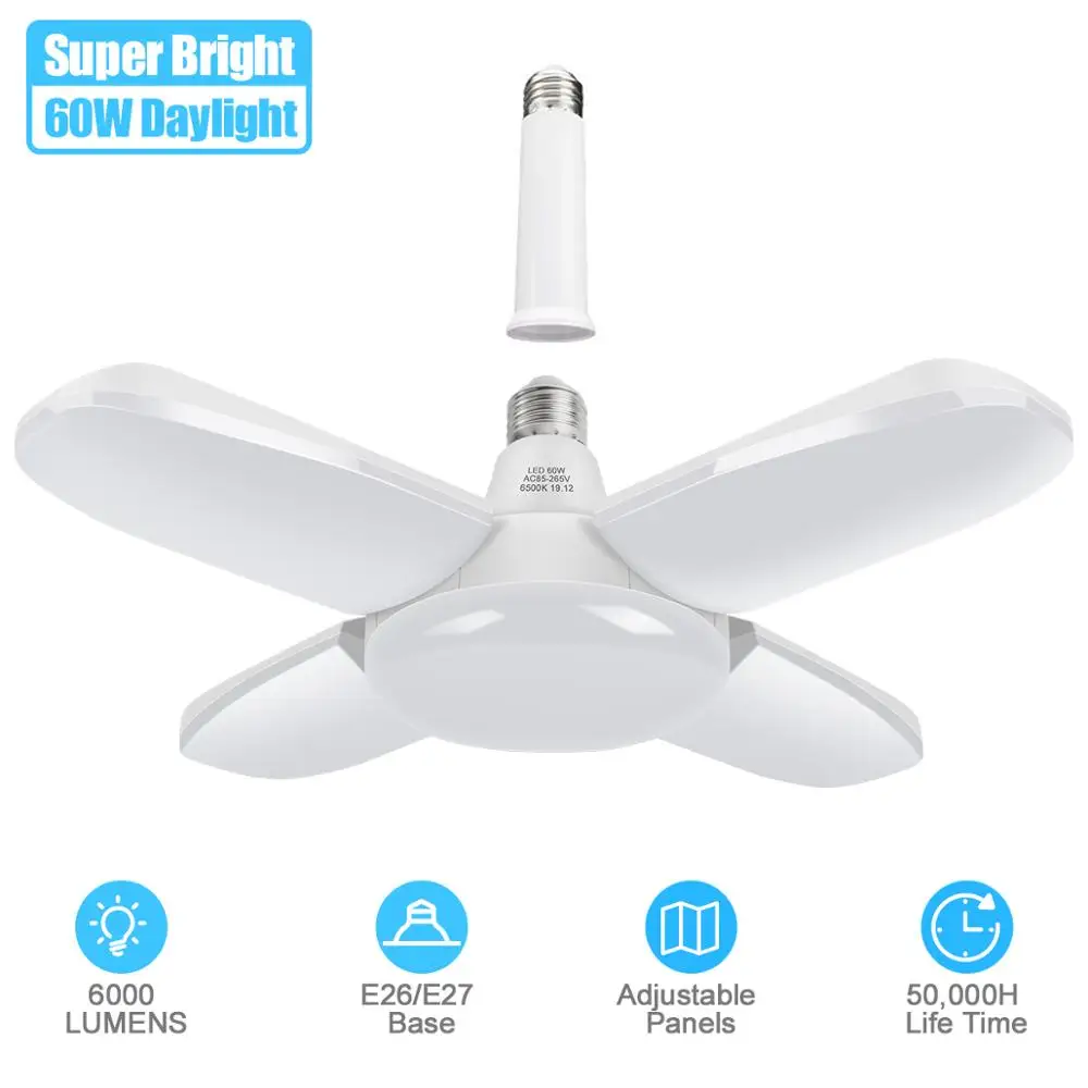 

60W E27 LED Bulb Foldable Fan Blade LED Pendant Lights No Flicker 360 Degrees Adjustable Ceiling Lamp with E27 12cm screw