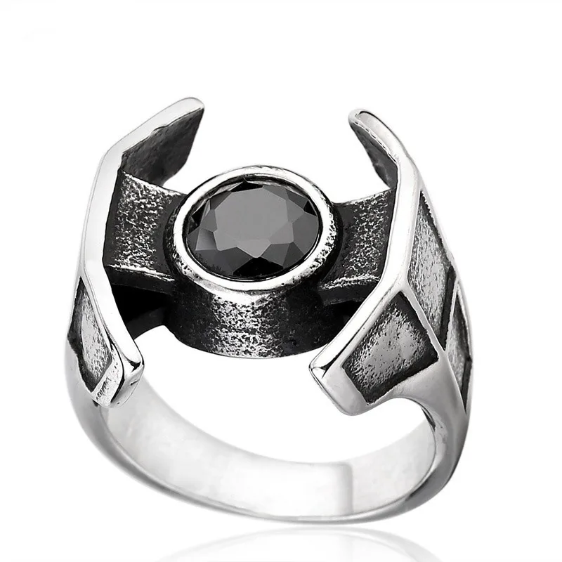 Retro Men Silver Colour Stainless Steel Ring Planet War Star Trek Ring Black Zircon Ring Hip Hop Punk Motorcycle Party Ring