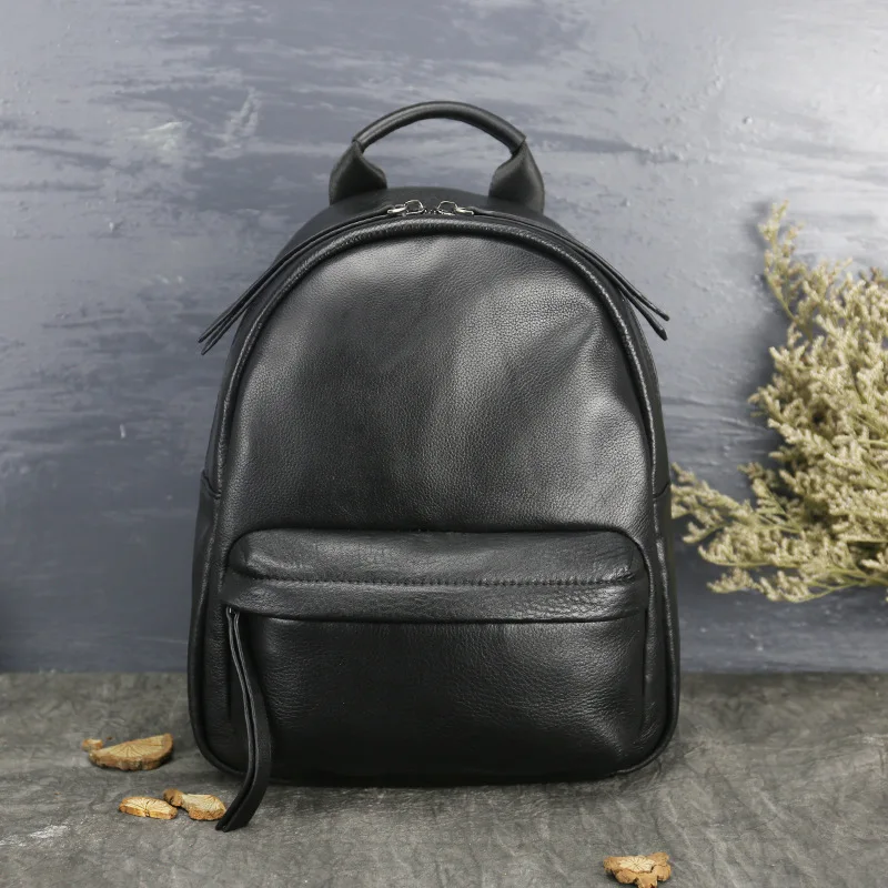 

P-F bag Women Simple Casual Genuine Leather Backpacks Teenage Girls Zipper Shoulder Bags Travel School Rucksack Black packbag