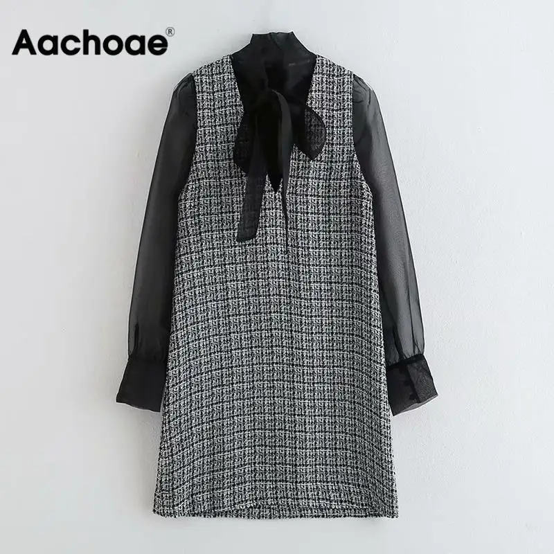 Aachoae Vintage Women Bow Tie Collar Patchwork Mini Dress Elegant Ladies See Through Sleeve Loose Female Patchwork Tank Dress Aachoae Vintage Women Bow Tie Collar Patchwork Mini Dress Elegant Ladies See Through Sleeve Loose Female Patchwork Tank Dress