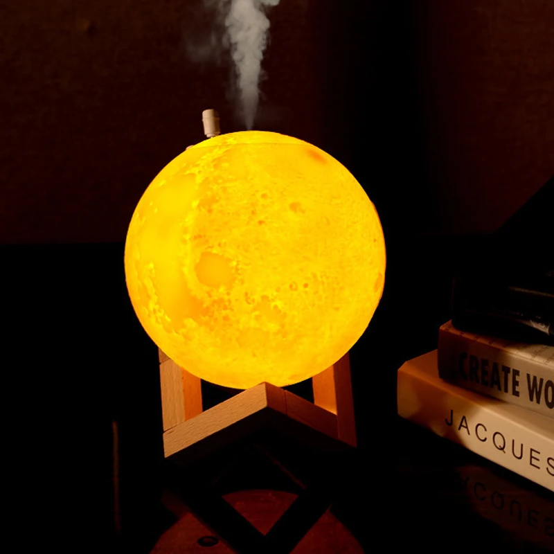 

USB 880ML Air Purifier Air Humidifier Aroma Diffuser with Wood Stand Cool Mist Maker for Anti-Drying 3D Moon Lamp Night Light