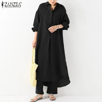 

Women Casual Daily Dress Ladies Turn Down Collar Tunic Shirt Dresses ZANZEA 2020 New Fashion Autumn Mid Calf Vestidos Robe Femme