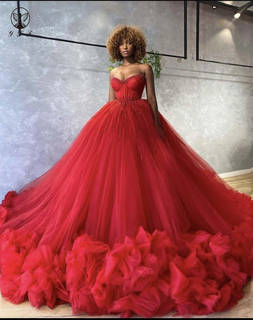 red puffy prom dress