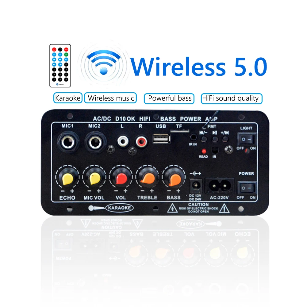 D10 12V 24V Subwoofer Digital Power Amplifier Board Wireless Audio Stereo Bluetooth-Compatible 5.0 Dual Microphone Karaoke Amp |