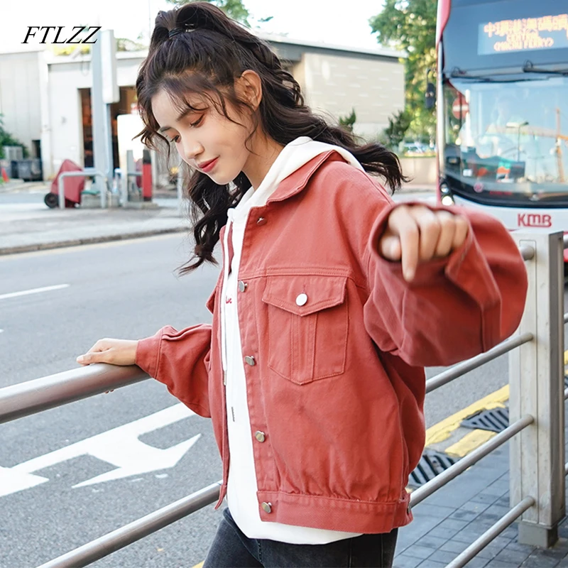 

FTLZZ Denim Jacket Spring Autumn Women Basic Short Jeans Coats Turn-down Collar Single Breasted Bomber Cowboy Outwear Clothing