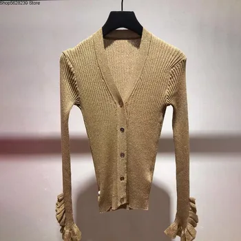 

French Elegant 2020 Summer Metal Color Rib Lotus Leaf Sleeve Slim Fit Women's Wear Knitting Shirt Cardigan 20080