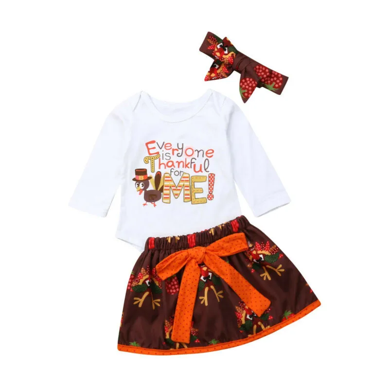 Одежда для маленьких девочек «Мой первый день благодарения», белый комбинезон с длинными рукавами, топы, Турецкая юбка-пачка, комплект одежды из 3 предметов