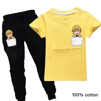 

2020 New Short Sleeve Girls Clothing Sets Summer Cartoon Anime Demon Slayer Kids Boutique Children Set Teenage Boys