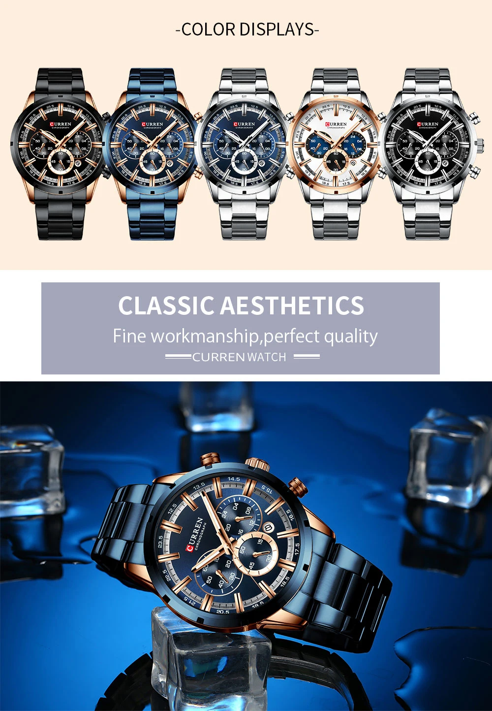 Curren Men's Watch Blue Dial Stainless Steel Band Date Mens Business Male Watches Waterproof Luxuries Men Wrist Watches for Men