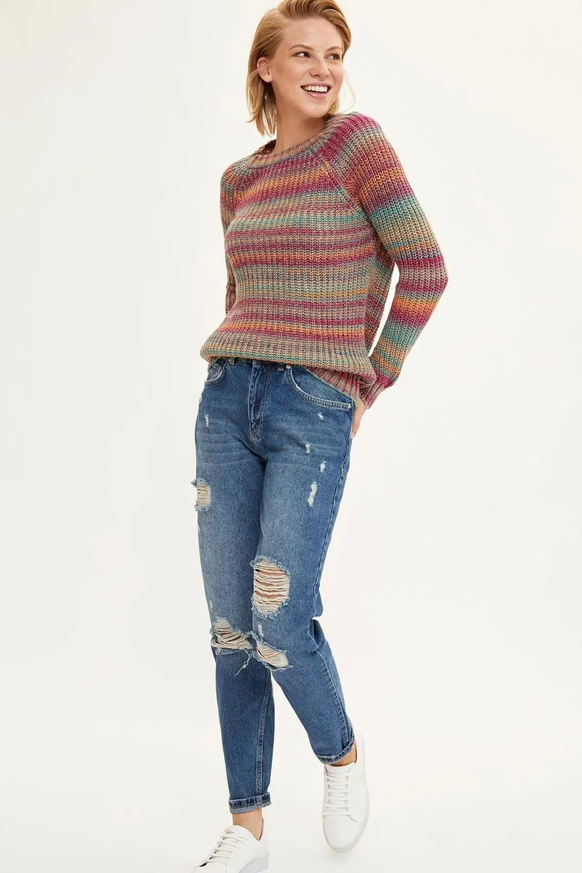 Najtaniej DeFacto moda damska załoga w paski dzianinowa bluza damska Casual Joker proste dzianinowe swetry damskie H5197AZ19WN