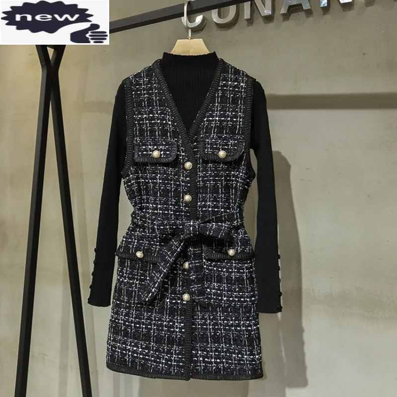 

Autumn Fashion Women Turtleneck Long Knit Sweater Tweed Sleeveless Dress Two Piece Set Lady Sashes Plaid Twill Outfits Suit Sets