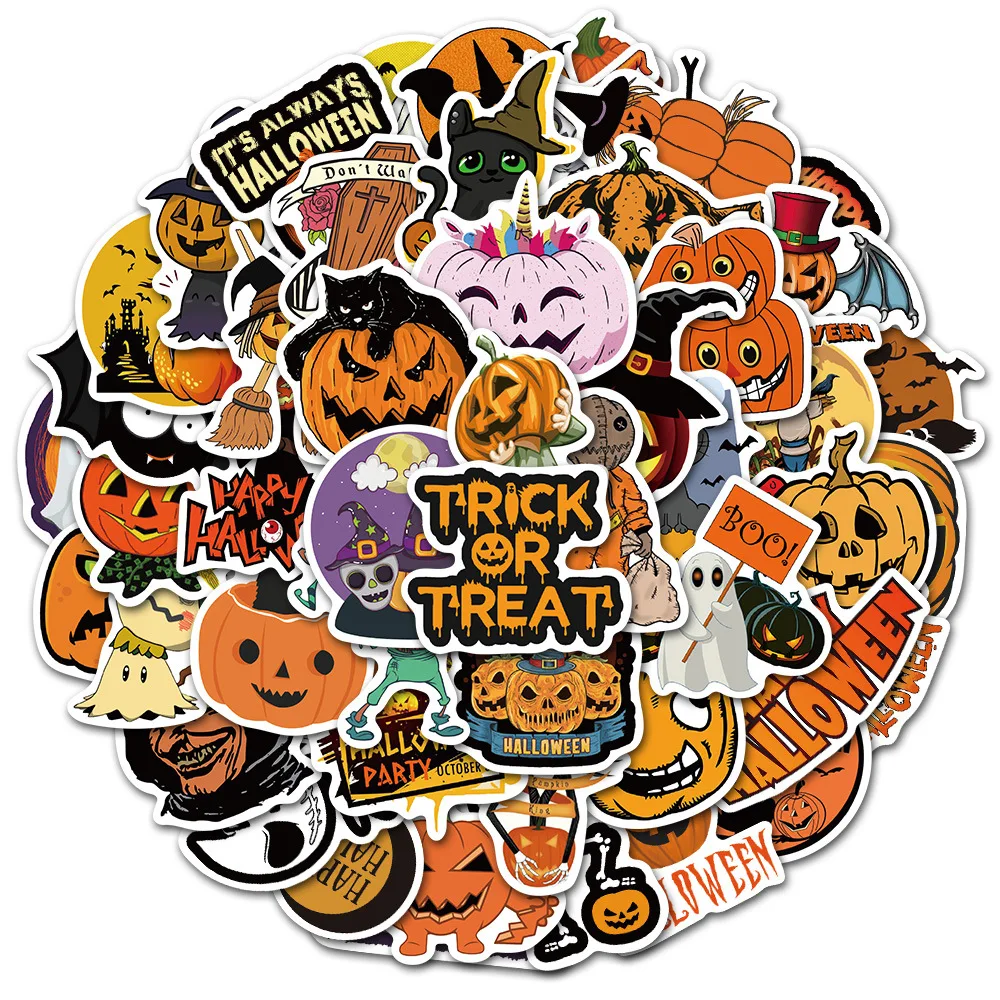

10/30/50PCS Funny Pumpkin Head Bat Halloween Horror Cup Motorcycle Decoration Sticker Waterproof Graffiti Wholesale