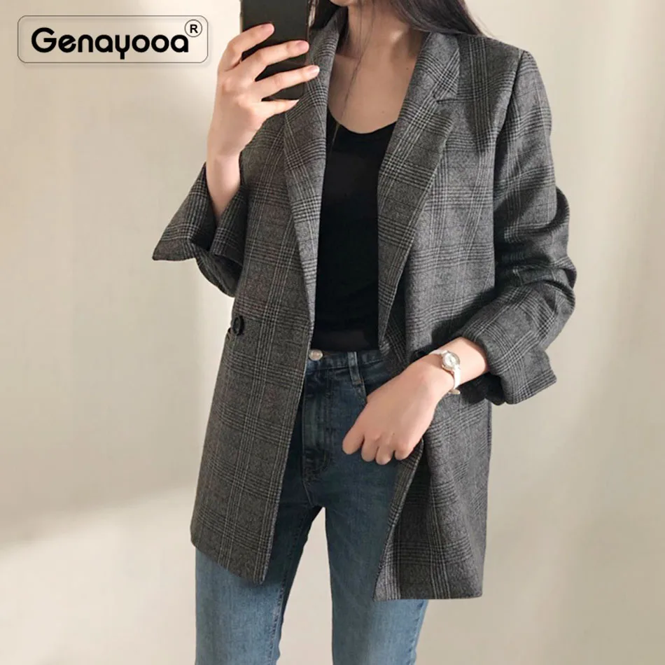 Genayooa Plaid Blazer Women Long Sleeve Blazer In Women Blazers And Jackets Plus Size 5XL Vintage Office Ladies Blazer Feminino