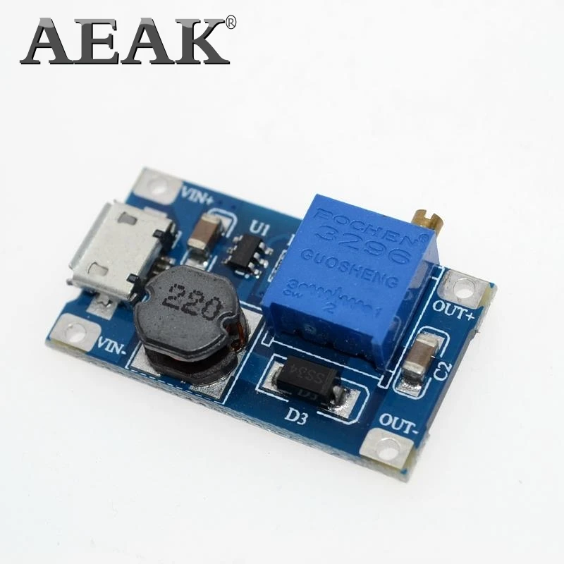 AEAK MT3608 DC регулируемый Повышающий Модуль 2А с MICRO USB 2в 24в до 5В 9В 12В 28В LM2577|step up|5v to