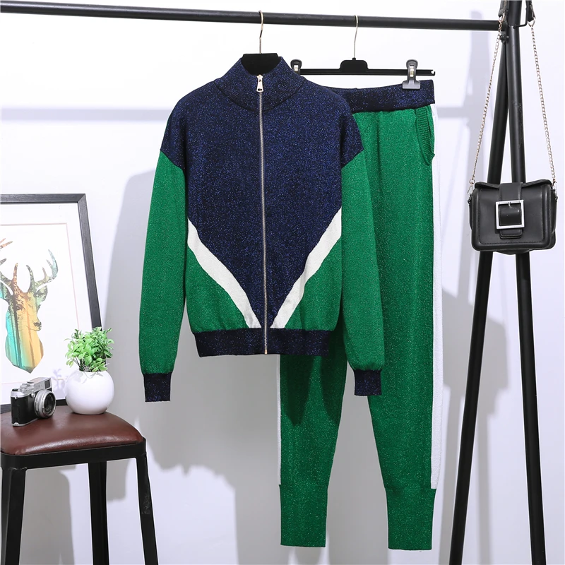 Green Теплый Трикотажный костюм, спортивный костюм, комплект спортивной одежды для женщин, зеленый комплект из 2 предметов, топ, пальто, широкие штаны, костюмы, одежда для зимы и осени - Цвет: Green