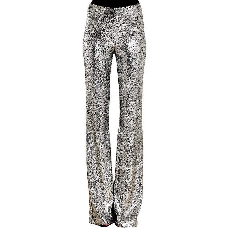 

2019 New Women Flare Pants Autumn New Casual Solid Skinny Elastic Low Waist Full Length Sequined Pants Trousers Sparkling Pants