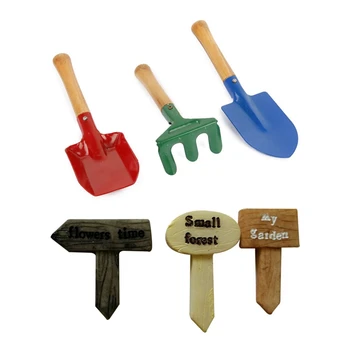 

3Pcs Outdoor Garden Tools Set Rake Shovel Playset with 3-Piece Miniature Fairy Garden Ornament Road Signs