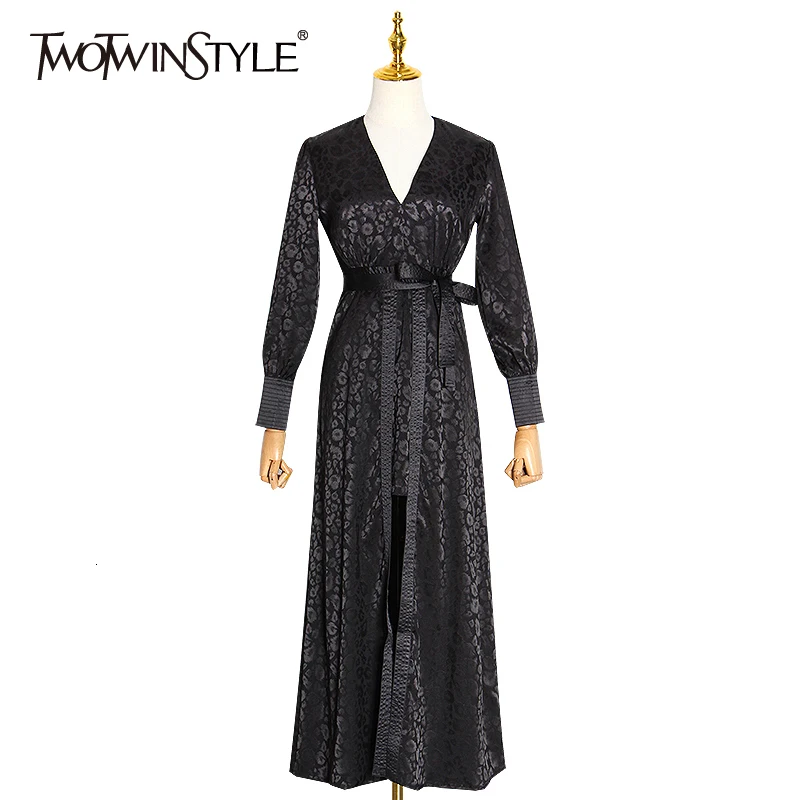 TWOTWINSTYLE Elegante Print Jurk Vrouwelijke V-hals Lantaarn Lange Mouwen Hoge Taille Lace Up Bow Jurken Voor Vrouwen Mode Kleding nieuwe TWOTWINSTYLE Elegante Print Jurk Vrouwelijke V-hals Lantaarn Lange Mouwen Hoge Taille Lace Up Bow Jurken Voor Vrouwen Mode Kleding nieuwe