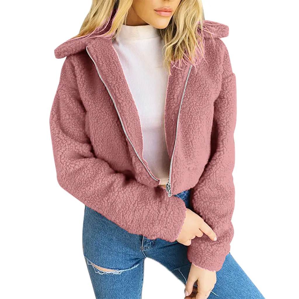 

Long Sleeve Zipper Turn-down Collar Faux Fur Jacket Women Plus Size Crop Tops 2019 Autumn Winter Women Fashion Solid Coat Jacket